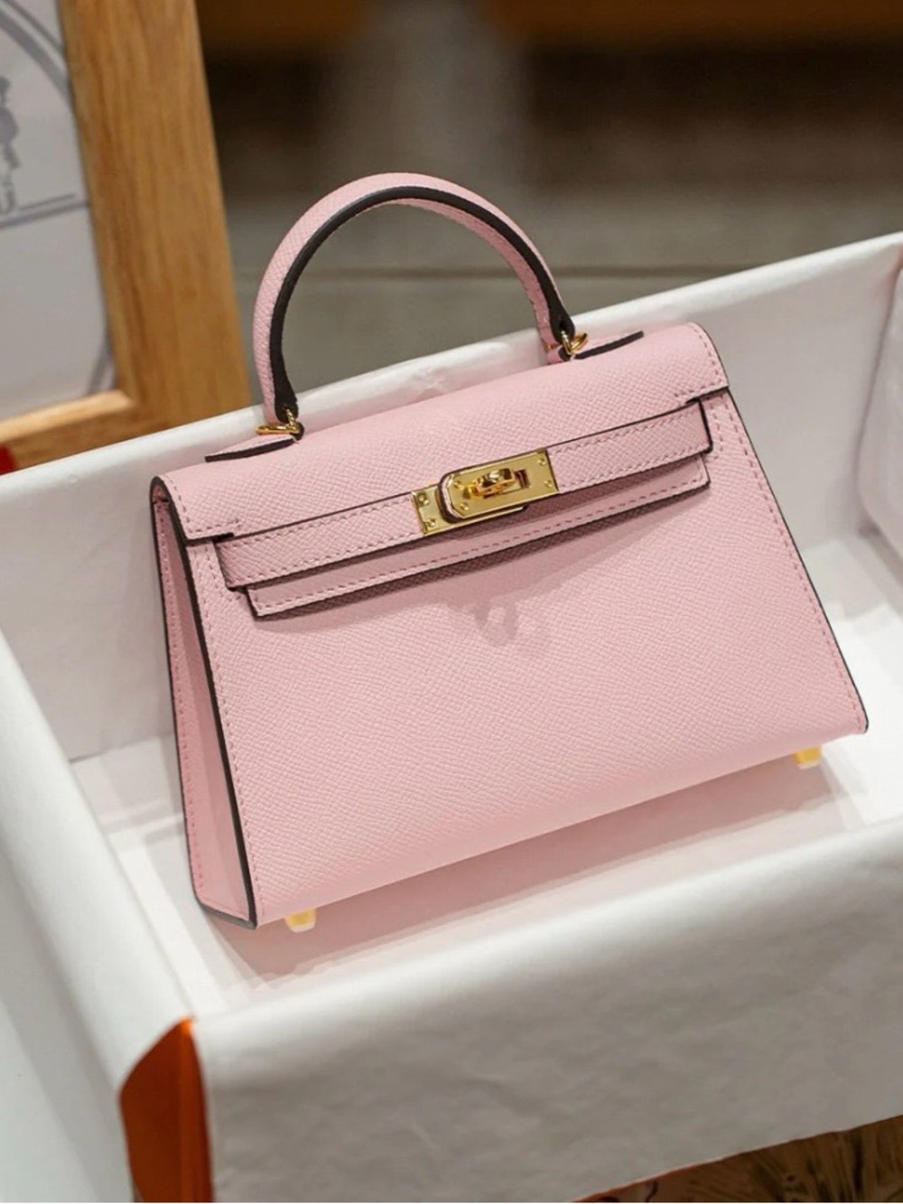 Classic Top-Grain Leather Women's Bag in Light Pink with Gold Hardware - 22